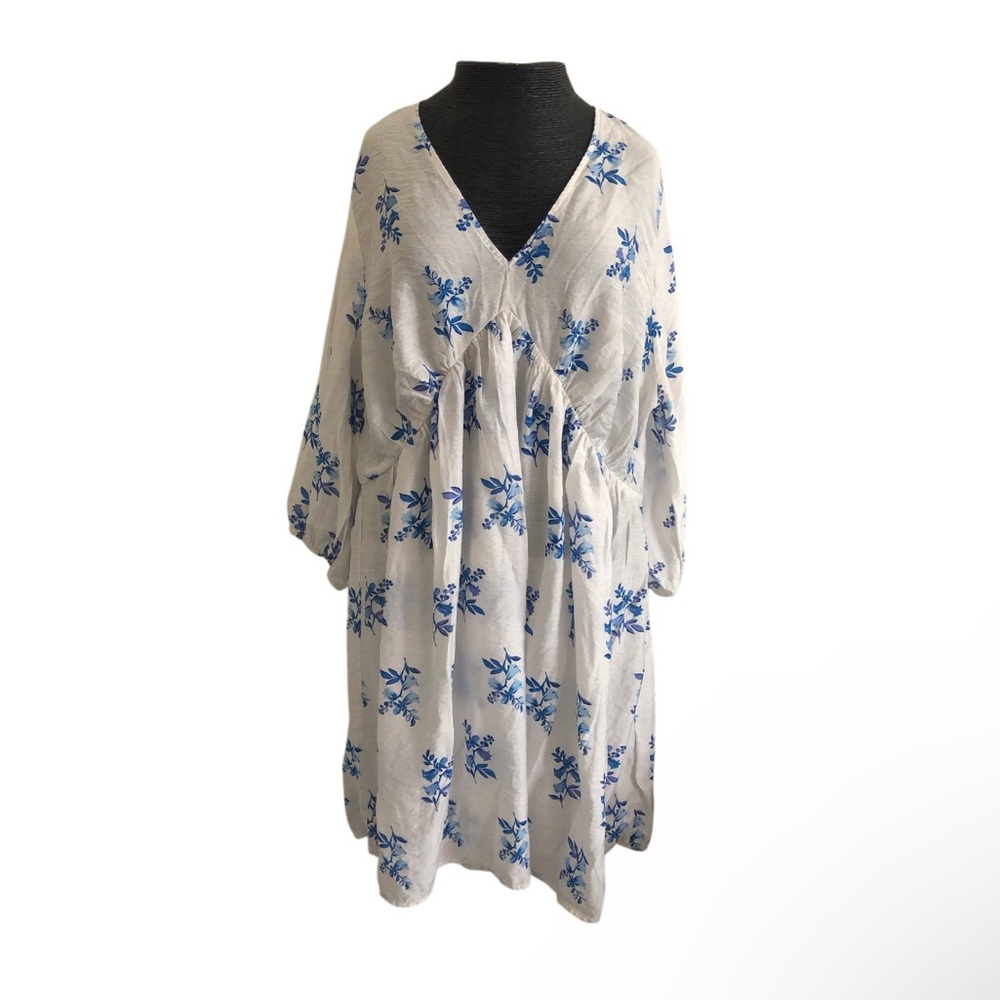 H&M White Dress with Blue Floral Print, Long Sleeve